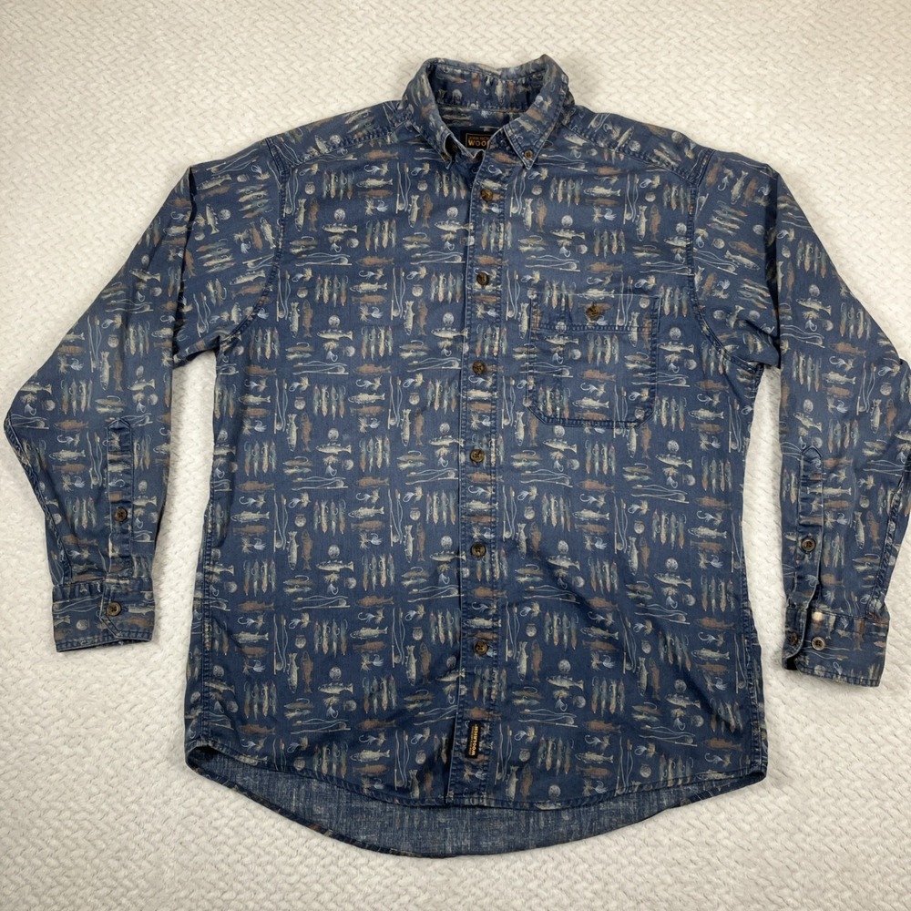 John Rich and Bros Woolrich Mens X-Large Button Up Shirt Fish Pattern Outdoors